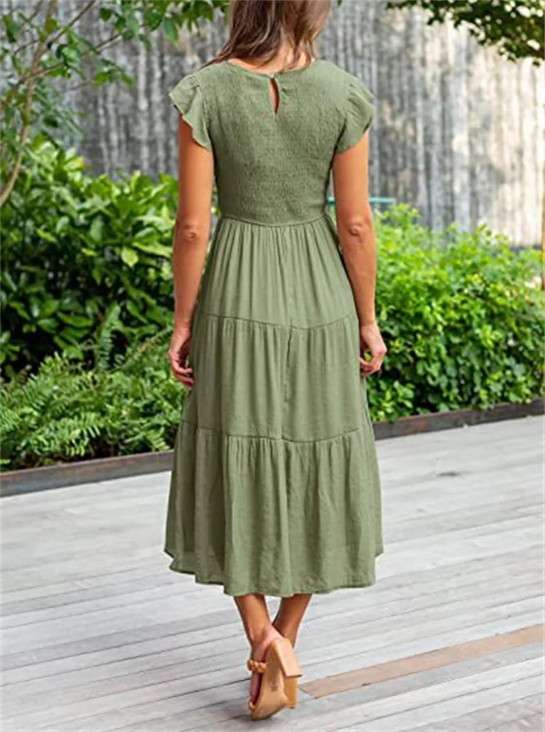 Womens Midi Dresses Summer Round Neck Puff Sleeveless Dress Loose Fit Tummy Control Ruffle Tiered Hem Beach Sundress