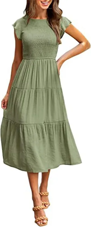 Womens Midi Dresses Summer Round Neck Puff Sleeveless Dress Loose Fit Tummy Control Ruffle Tiered Hem Beach Sundress
