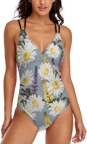 Women's One Piece Swimsuit Spaghetti Strap Tummy Control Chamomile Lavender Esthetic Full Coverage Bathing Suits