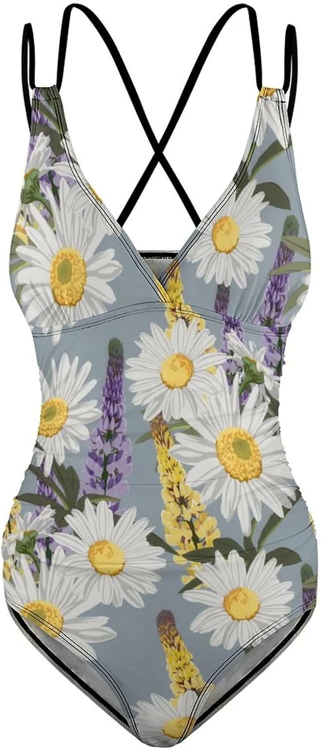 Women's One Piece Swimsuit Spaghetti Strap Tummy Control Chamomile Lavender Esthetic Full Coverage Bathing Suits