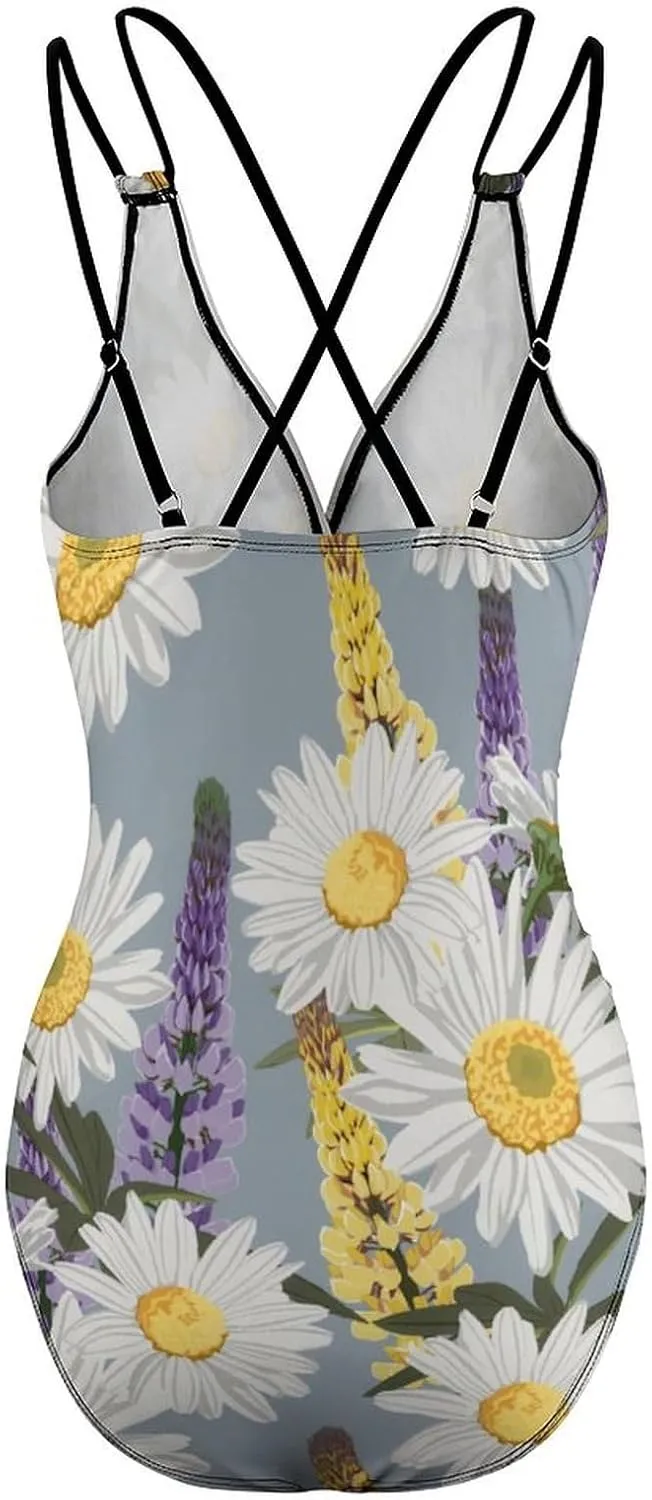 Women's One Piece Swimsuit Spaghetti Strap Tummy Control Chamomile Lavender Esthetic Full Coverage Bathing Suits