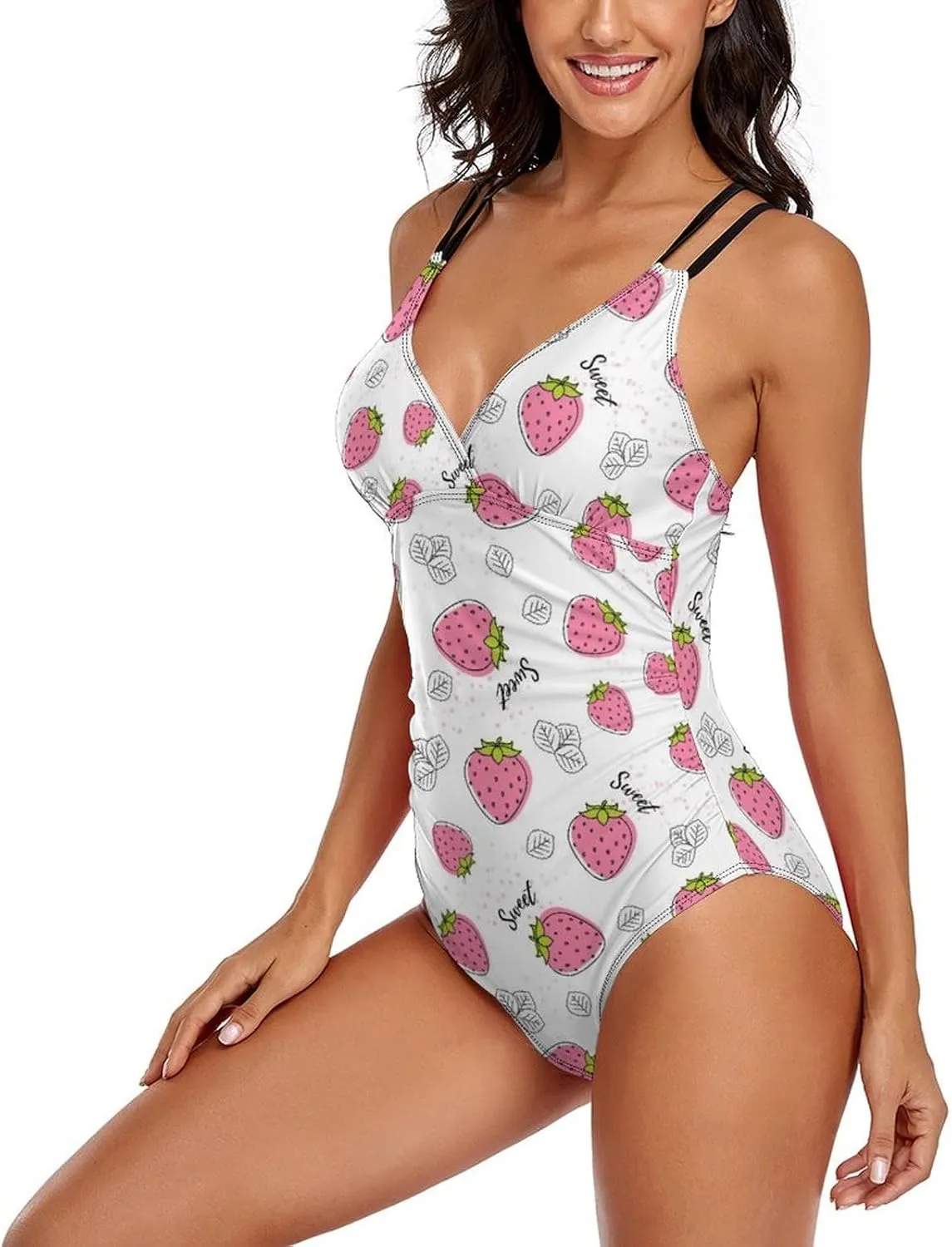 Women's One Piece Swimsuits Spaghetti Strap Tummy Control Pink Strawberry Fashion Full Coverage Bathing Suits