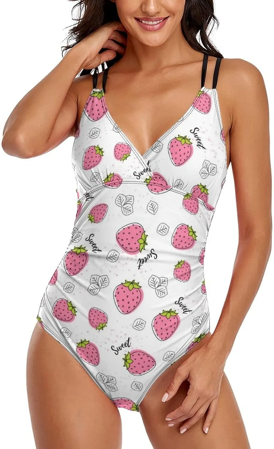 Women's One Piece Swimsuits Spaghetti Strap Tummy Control Pink Strawberry Fashion Full Coverage Bathing Suits