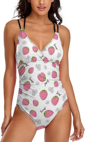 Women's One Piece Swimsuits Spaghetti Strap Tummy Control Pink Strawberry Fashion Full Coverage Bathing Suits