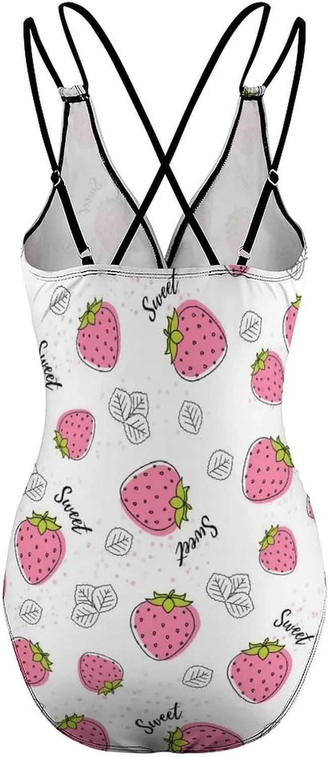 Women's One Piece Swimsuits Spaghetti Strap Tummy Control Pink Strawberry Fashion Full Coverage Bathing Suits