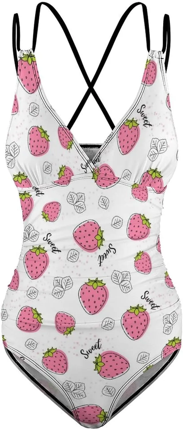 Women's One Piece Swimsuits Spaghetti Strap Tummy Control Pink Strawberry Fashion Full Coverage Bathing Suits