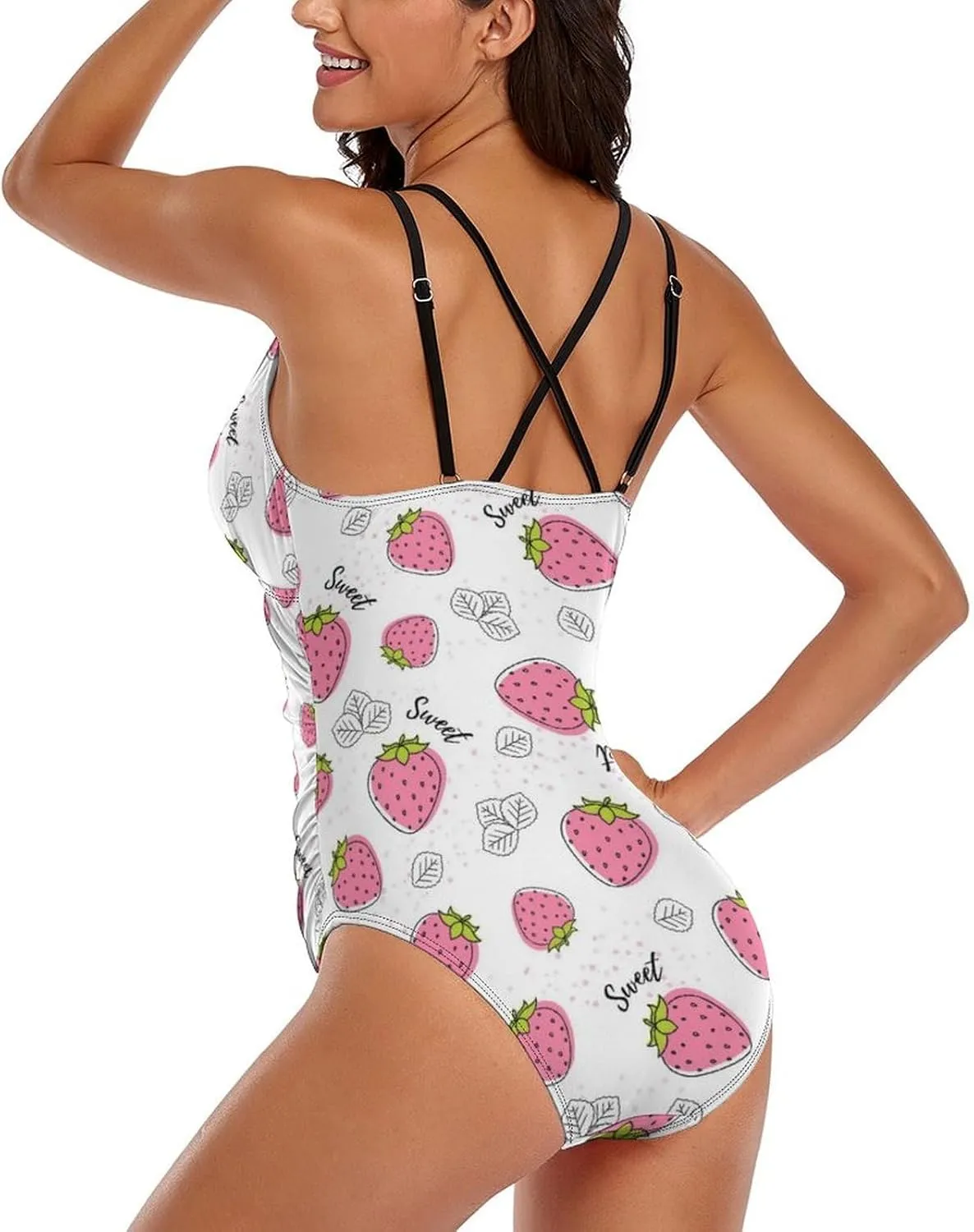 Women's One Piece Swimsuits Spaghetti Strap Tummy Control Pink Strawberry Fashion Full Coverage Bathing Suits