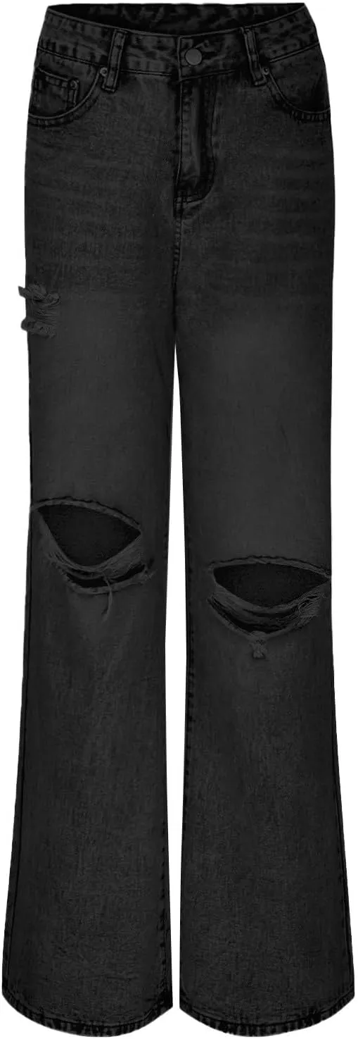 Women's Pants Fashion Denim Hole Senior Hundred Solid Color Casual Loose Pants Winter Straight Leg Jeans 2024