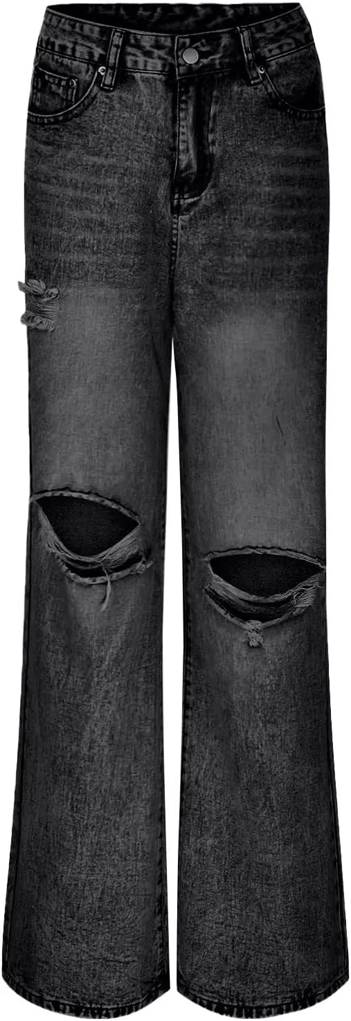 Women's Pants Fashion Denim Hole Senior Hundred Solid Color Casual Loose Pants Winter Straight Leg Jeans 2024