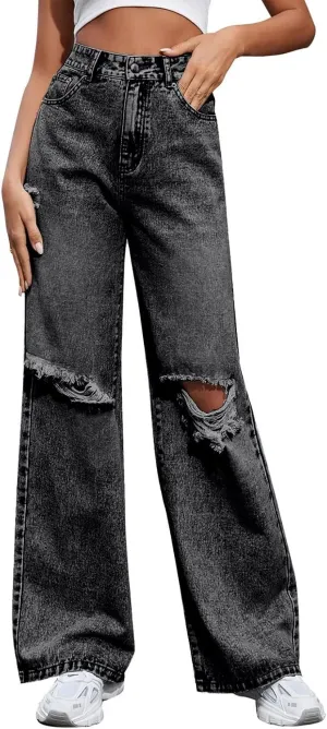 Women's Pants Fashion Denim Hole Senior Hundred Solid Color Casual Loose Pants Winter Straight Leg Jeans 2024
