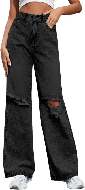 Women's Pants Fashion Denim Hole Senior Hundred Solid Color Casual Loose Pants Winter Straight Leg Jeans 2024