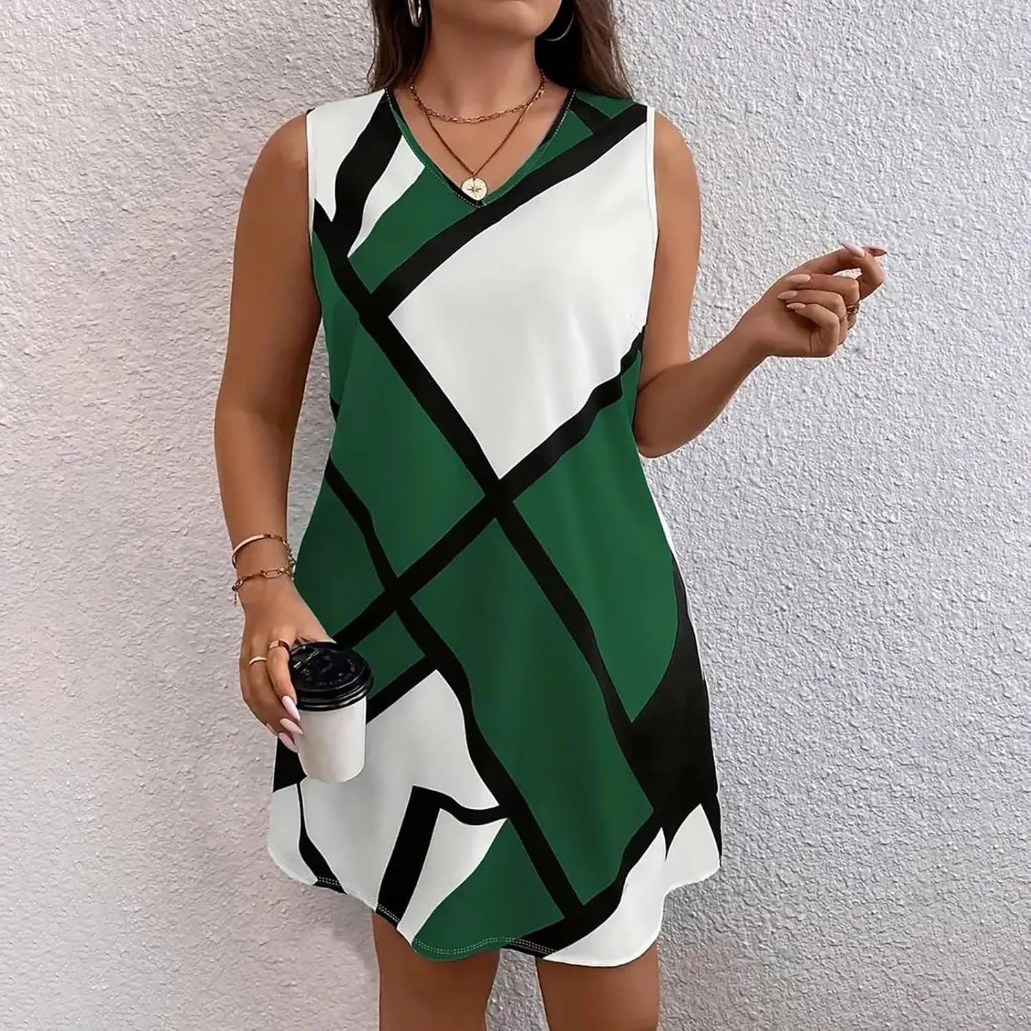 Womens Plus Size Mini Dress Fashion Print Dresses Sleeveless V Neck Loose Sundresses Beach Vacation Swim Cover Ups