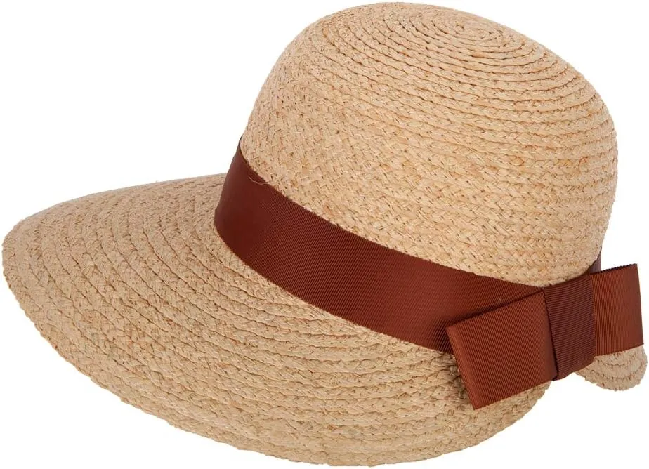 Women's Raffia Braid Bow Ribbon Band Accented Large Brim Sun Hat