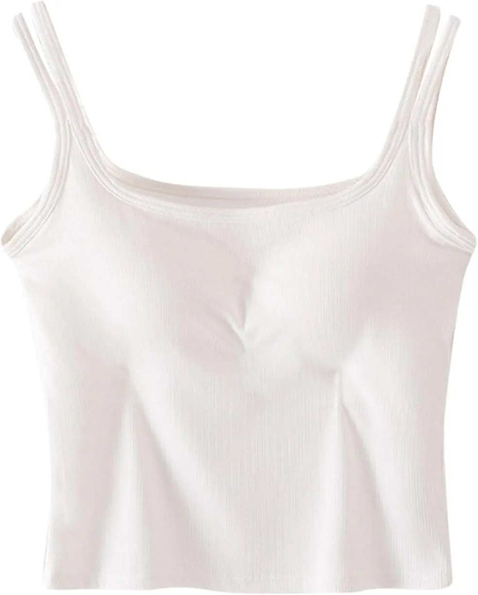 Womens Ribbed Longline Sports Bra U Neck Padded Yoga Cami Shirts Sleeveless Workout Crop Tank Top with Built in Pads