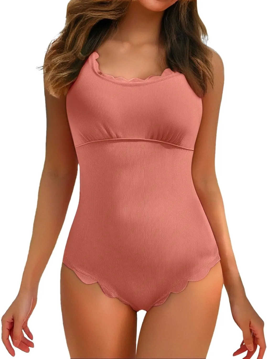 Womens Ribbed One Piece Swimsuits Scalloped Trim Tummy Control Bathing Suits Square Neck Swimwear Slimming Monokini