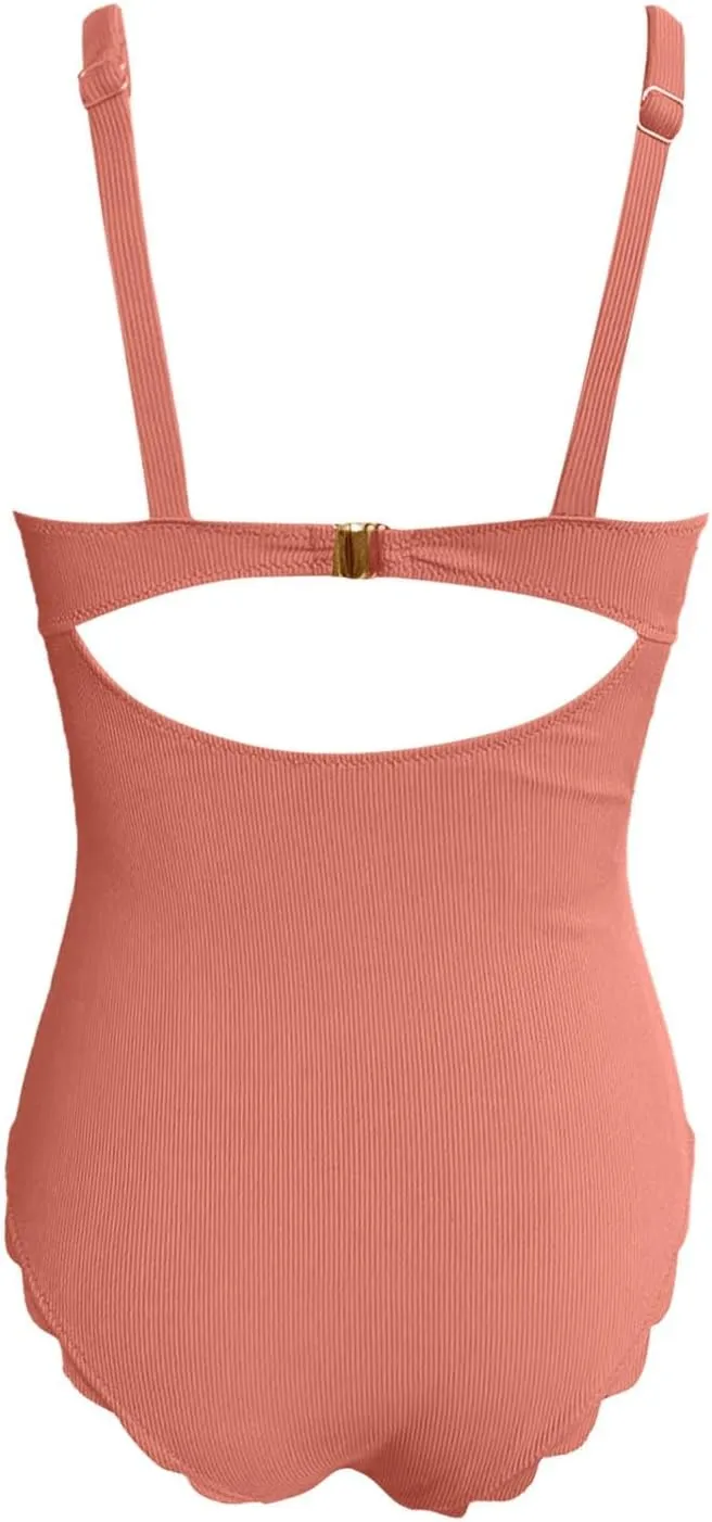 Womens Ribbed One Piece Swimsuits Scalloped Trim Tummy Control Bathing Suits Square Neck Swimwear Slimming Monokini