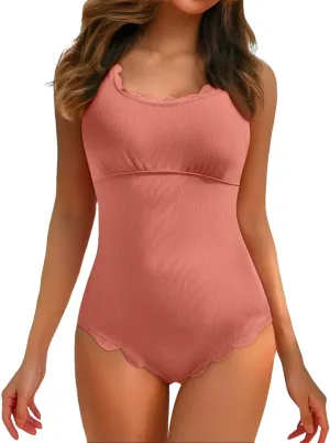 Womens Ribbed One Piece Swimsuits Scalloped Trim Tummy Control Bathing Suits Square Neck Swimwear Slimming Monokini