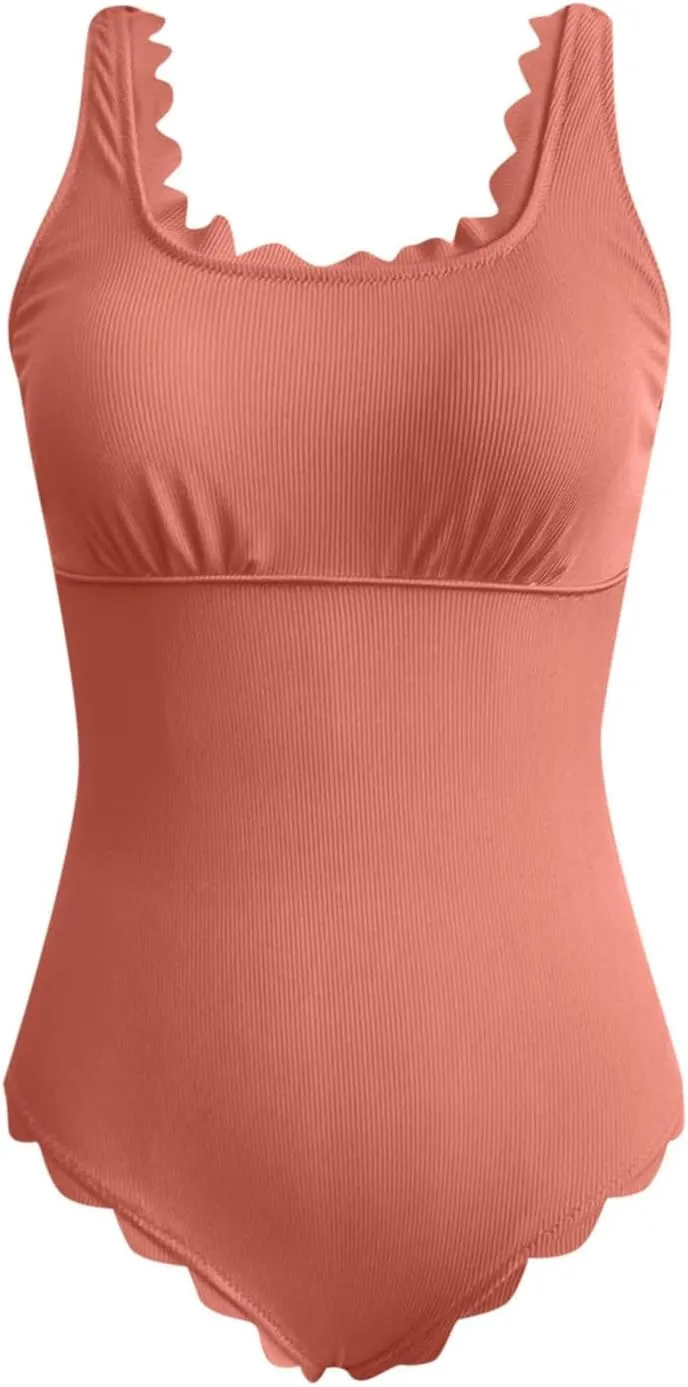 Womens Ribbed One Piece Swimsuits Scalloped Trim Tummy Control Bathing Suits Square Neck Swimwear Slimming Monokini