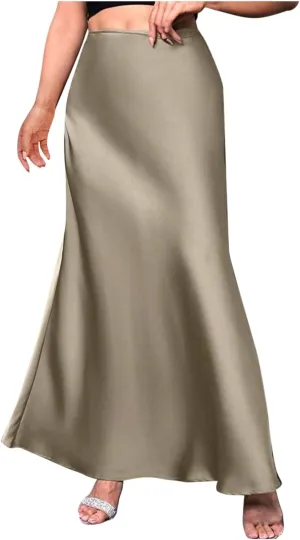 Women's Satin High Waisted Maxi Skirts Elegant Solid Color A Line Long Skirt Soft Work Office Half Dress