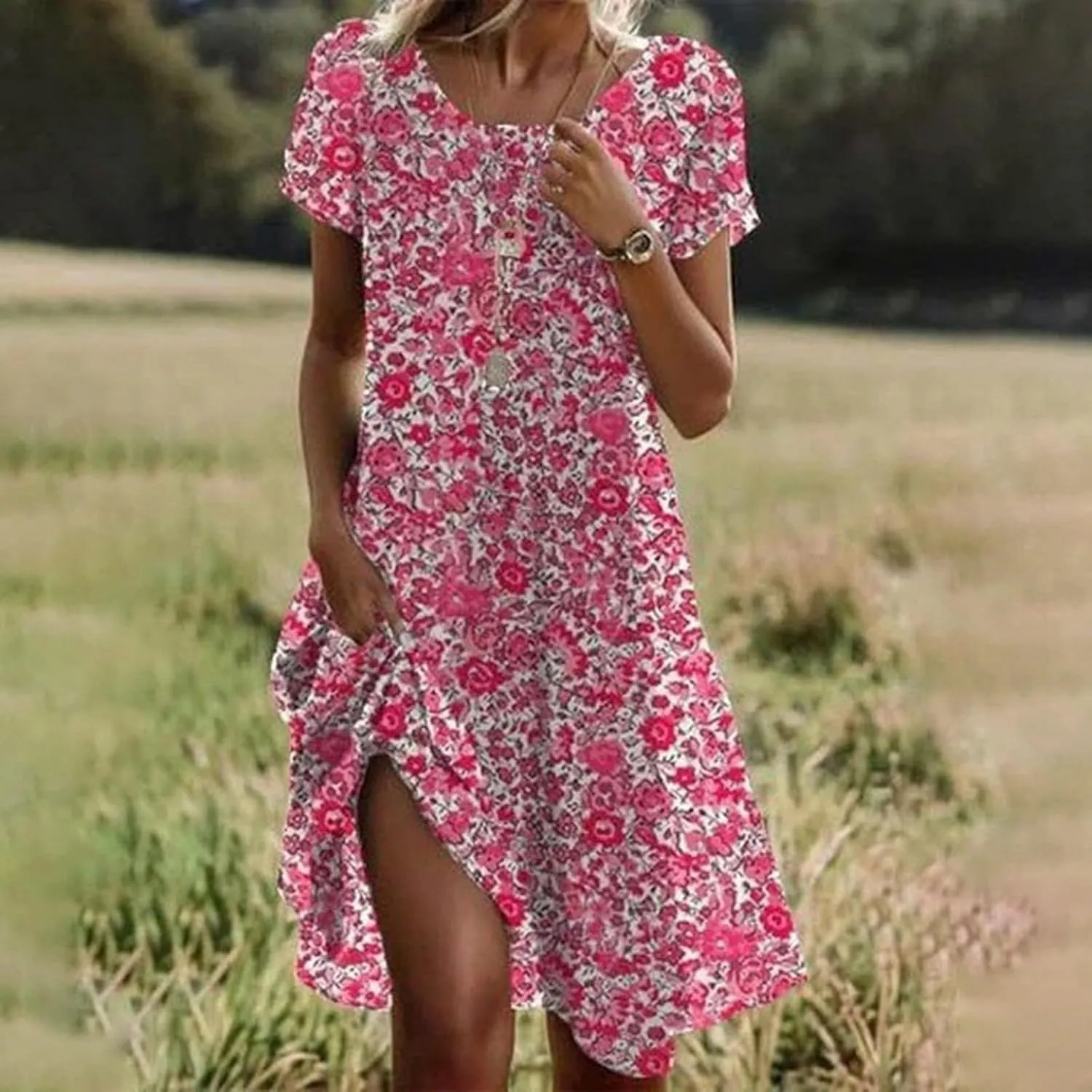Women's Short Sleeve Mini Dress Boho Plus Size Casual Loose Fit Summer Sundress Floral Print Shift Dress with Pockets