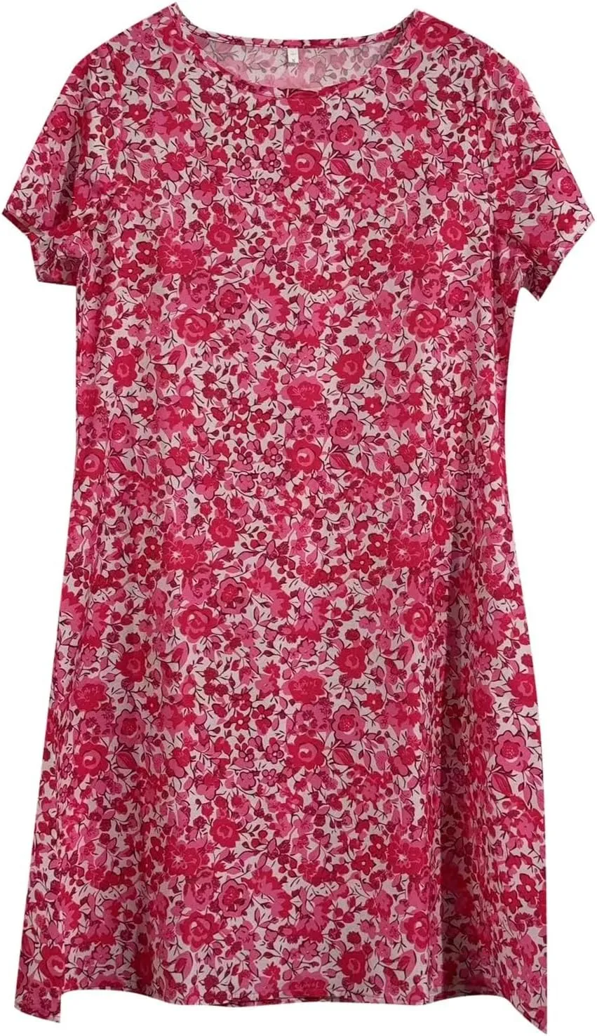 Women's Short Sleeve Mini Dress Boho Plus Size Casual Loose Fit Summer Sundress Floral Print Shift Dress with Pockets
