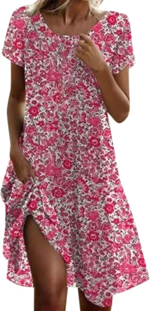 Women's Short Sleeve Mini Dress Boho Plus Size Casual Loose Fit Summer Sundress Floral Print Shift Dress with Pockets