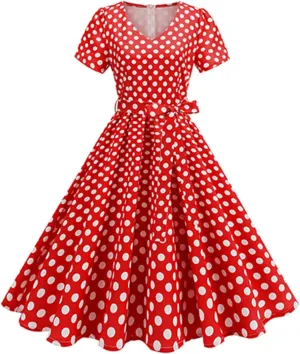 Womens Short Sleeve Vintage Dresses Crewneck Flowy Retro Short Dress Elegant Solid Color Pleated Dress