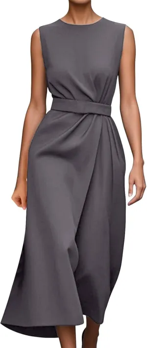 Womens Sleeveless Dress Casual Crewneck Maxi Dresses Elegant Solid Color Tunic A Line Party Long Dresses with Belt