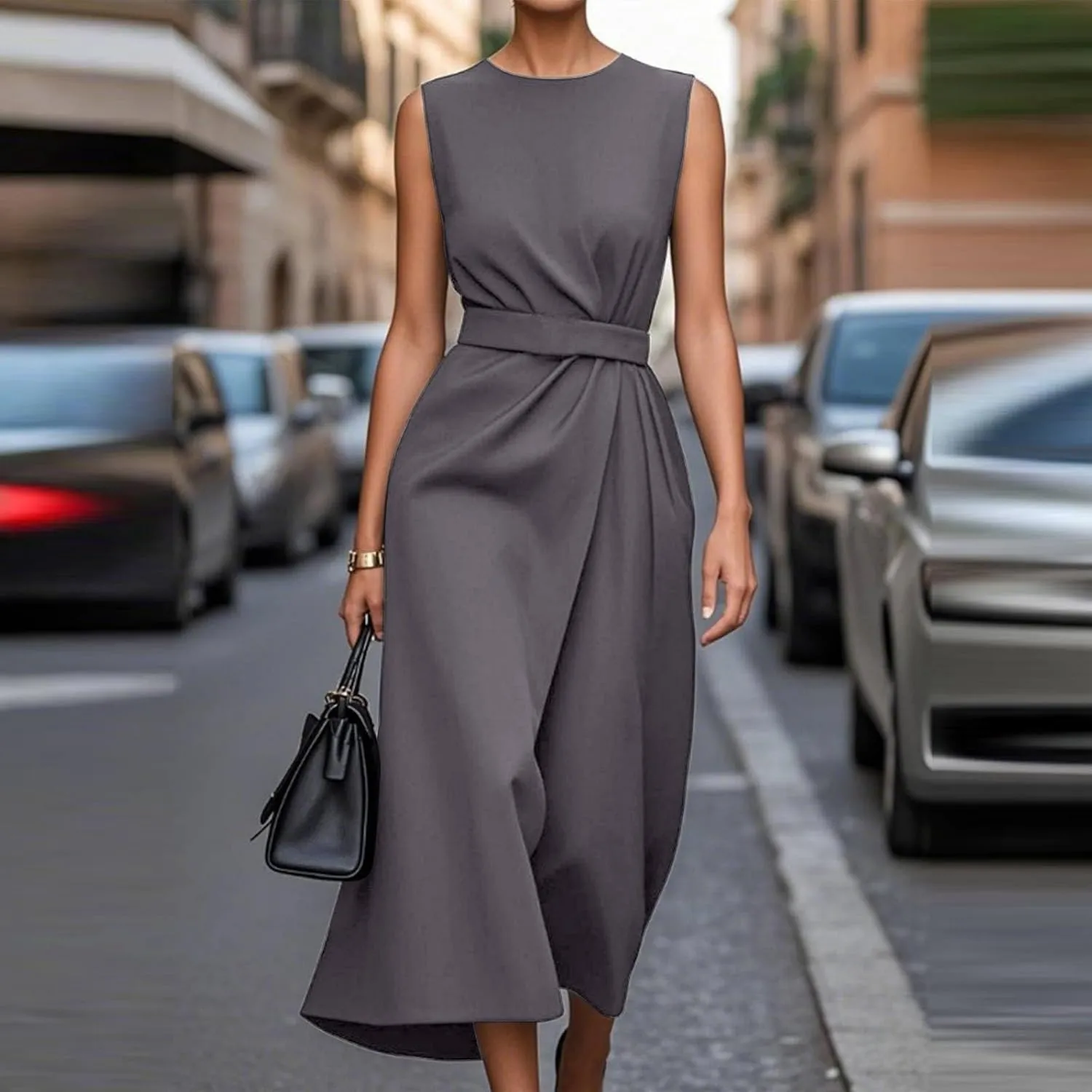 Womens Sleeveless Dress Casual Crewneck Maxi Dresses Elegant Solid Color Tunic A Line Party Long Dresses with Belt