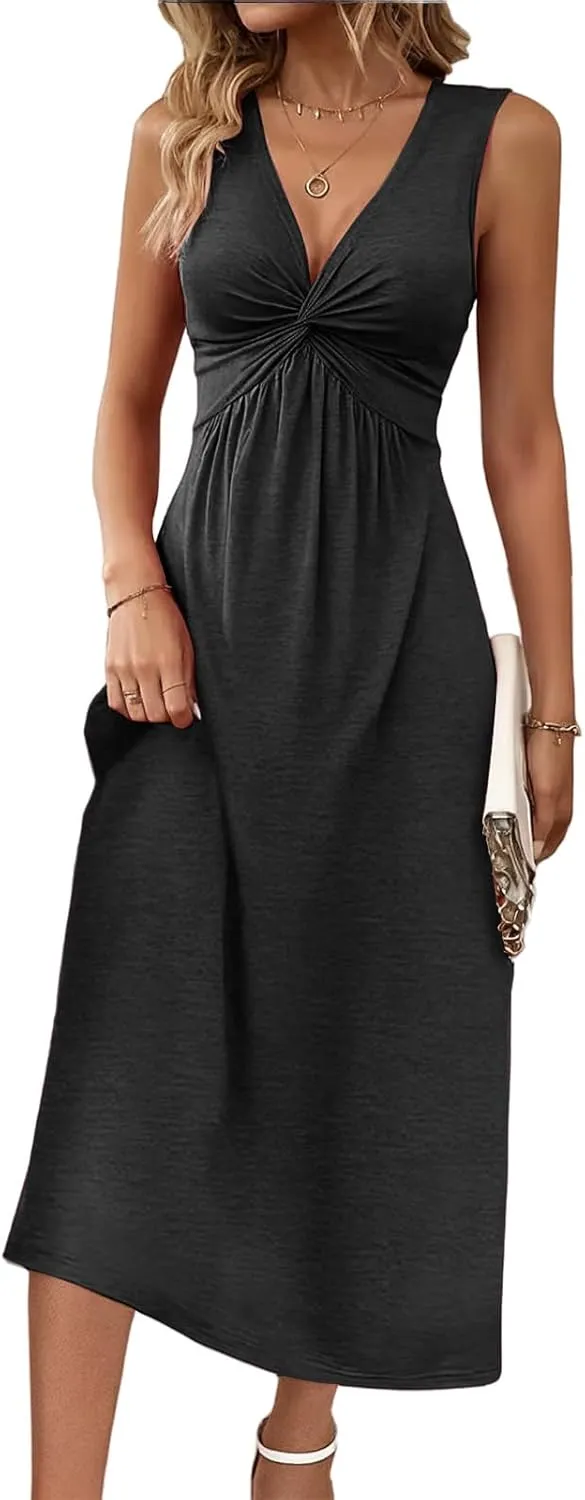 Womens Sleeveless Dress Sexy V Neck Knotted Front Maxi Dresses Summer A Line Casual Sundress Beach Vacation Outfits
