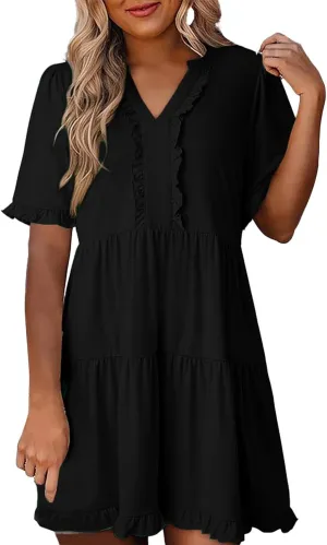 Womens Smocked Crewneck Button Up Long Sleeve Empire Waist A-Line Mini Dress 2025 Casual Swing Dresses