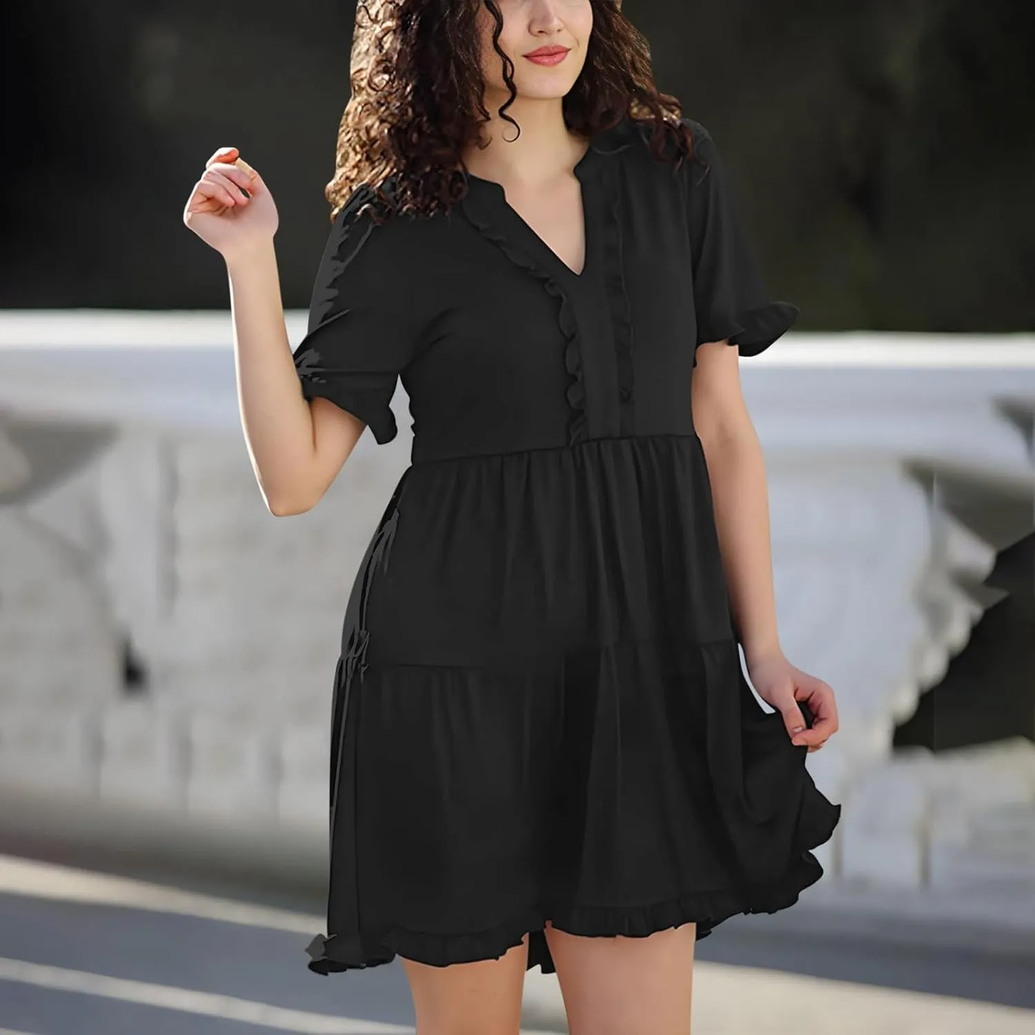 Womens Smocked Crewneck Button Up Long Sleeve Empire Waist A-Line Mini Dress 2025 Casual Swing Dresses