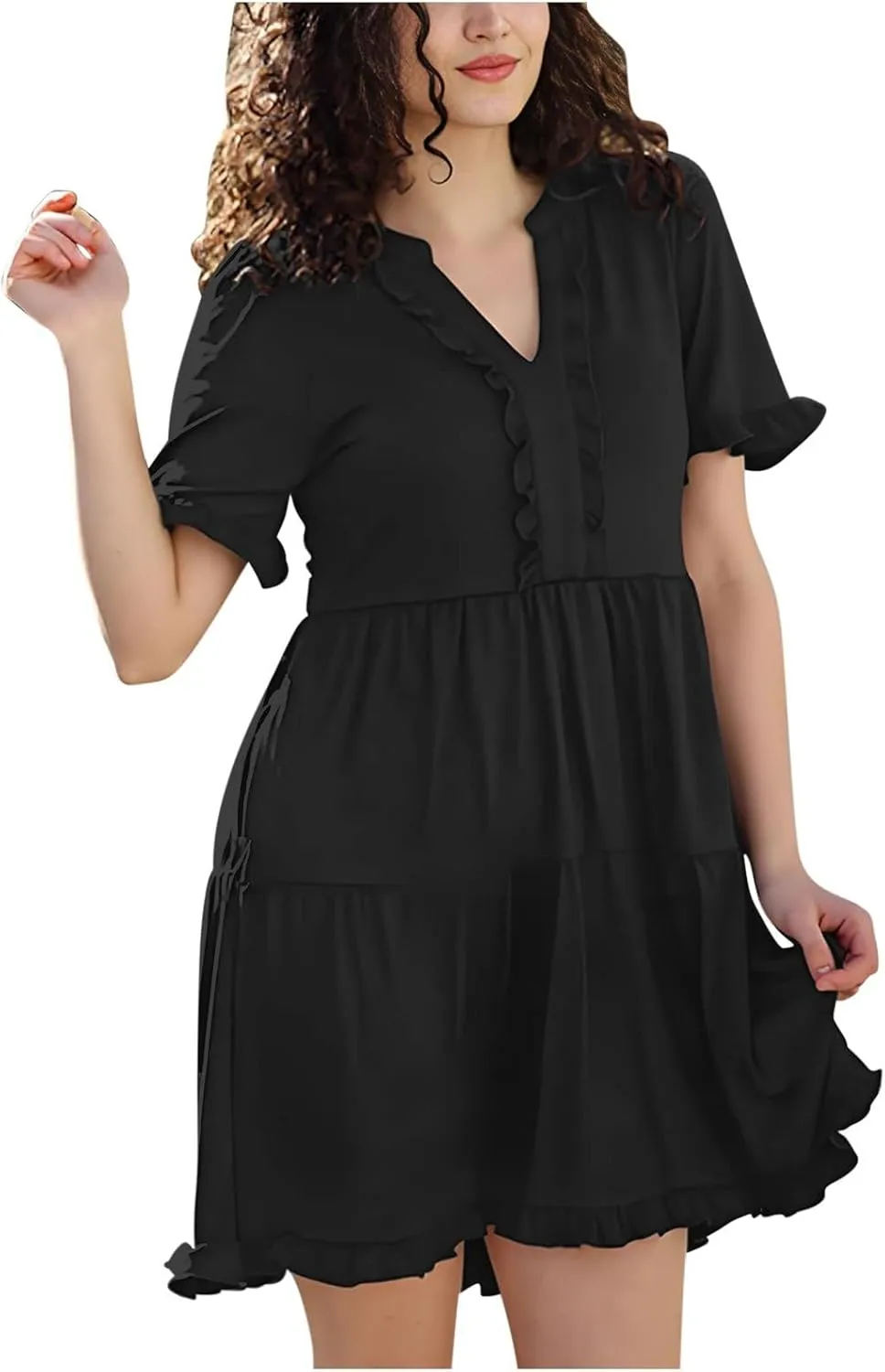 Womens Smocked Crewneck Button Up Long Sleeve Empire Waist A-Line Mini Dress 2025 Casual Swing Dresses