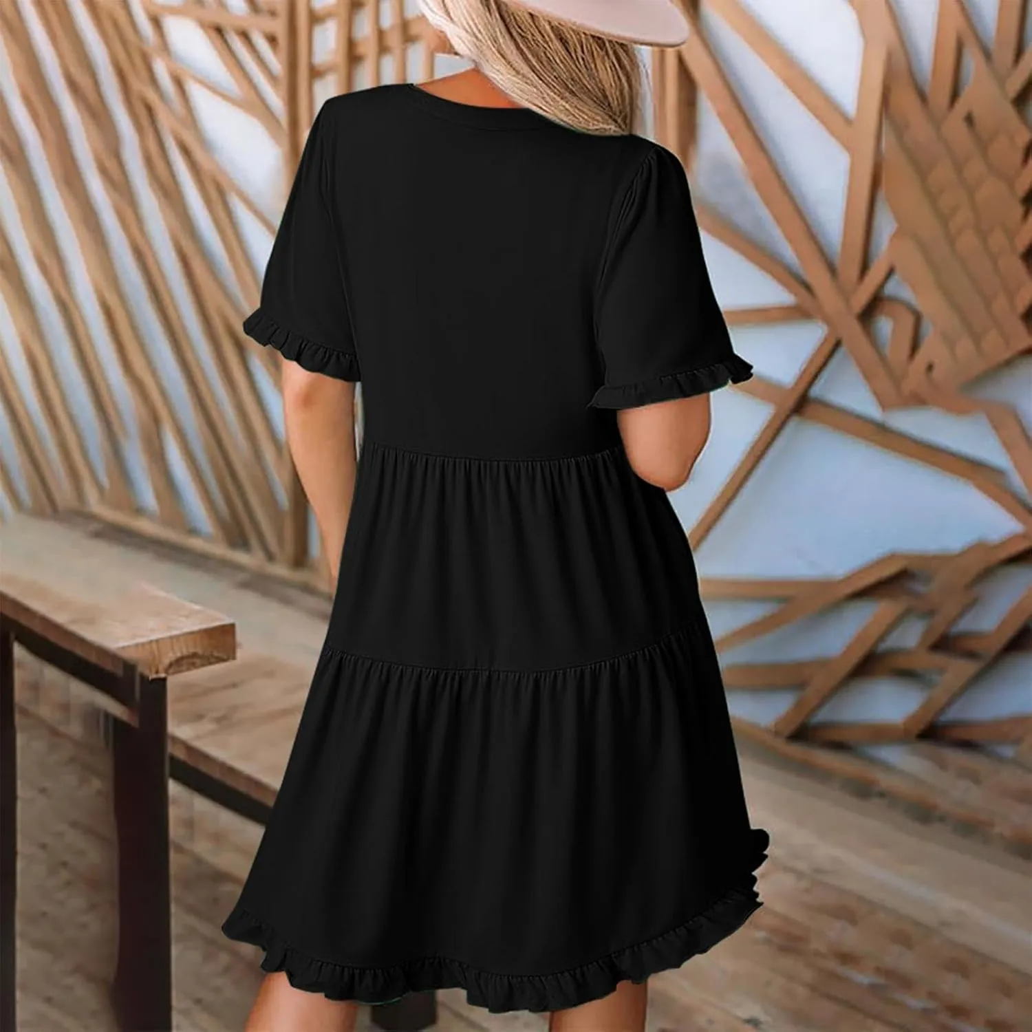 Womens Smocked Crewneck Button Up Long Sleeve Empire Waist A-Line Mini Dress 2025 Casual Swing Dresses