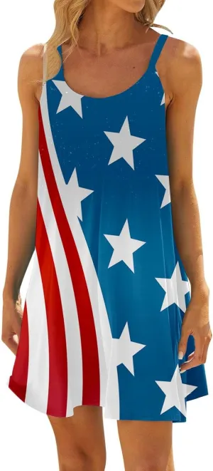 Womens Spaghetti Strap Dress Independence Day Printed Loose Casual Strap Skirt Summer Dresses for Women 2025