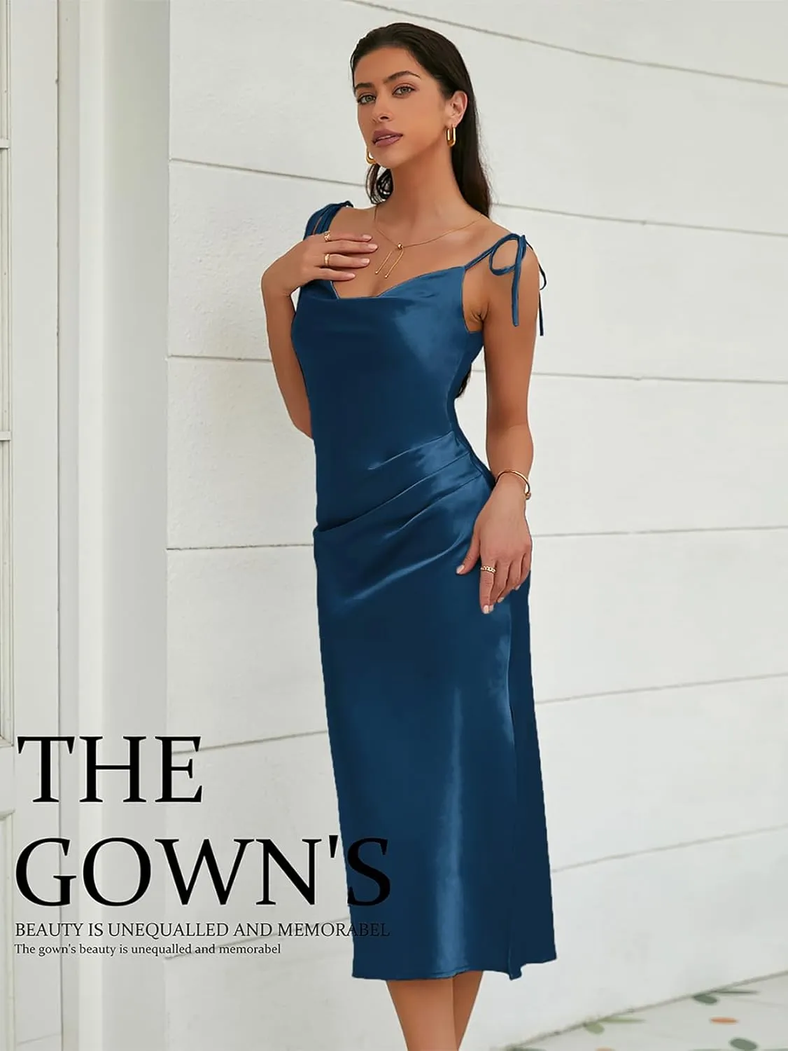 Women's Spaghetti Strap Midi Satin Slik Dress Cowl Neck Elegant Long Slip Ruched Evening Dress Party Cocktail