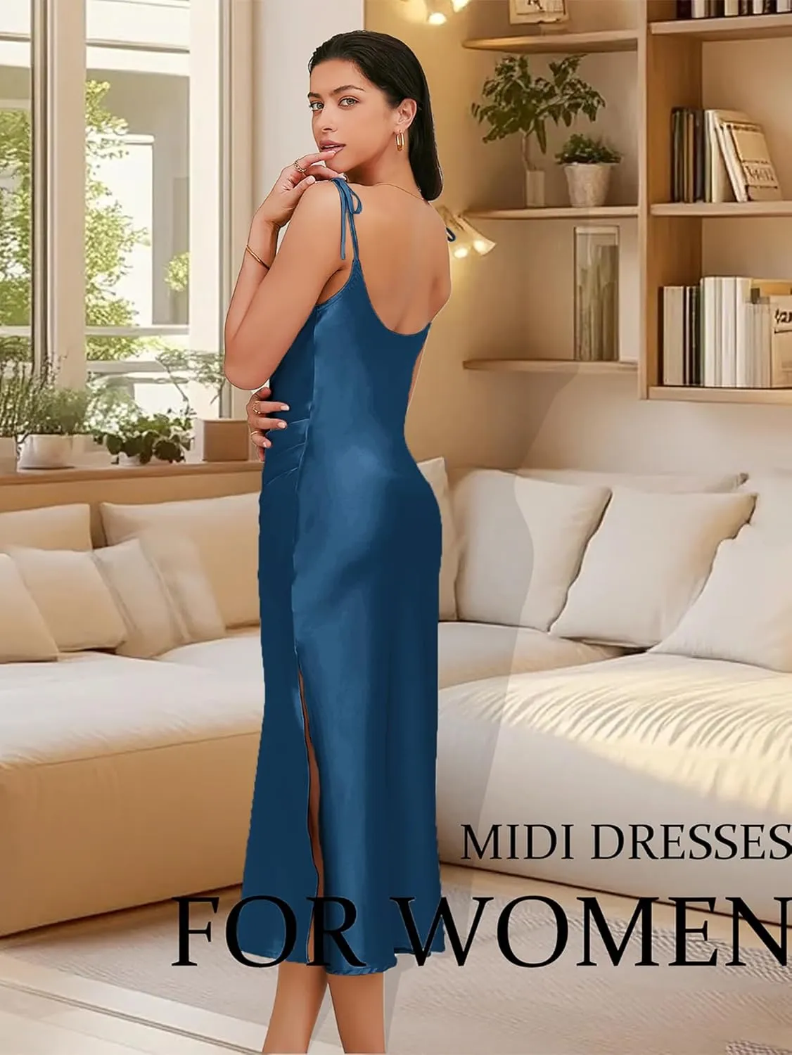 Women's Spaghetti Strap Midi Satin Slik Dress Cowl Neck Elegant Long Slip Ruched Evening Dress Party Cocktail