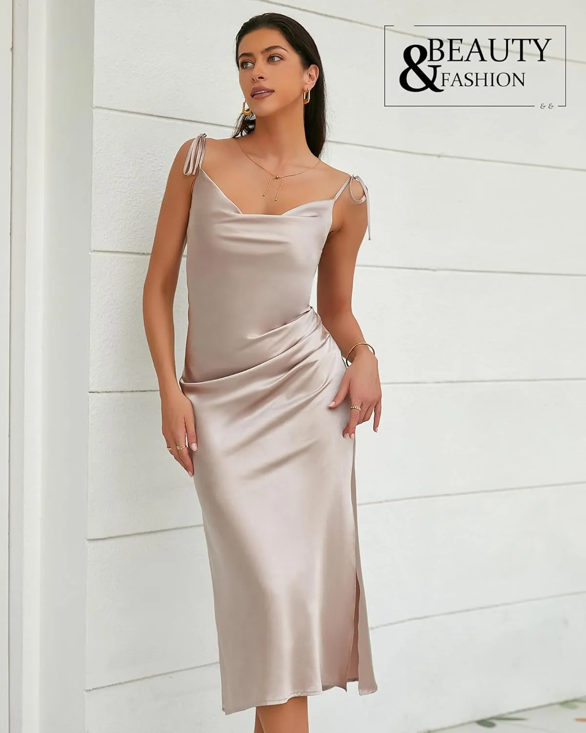 Women's Spaghetti Strap Midi Satin Slik Dress Cowl Neck Elegant Long Slip Ruched Evening Dress Party Cocktail