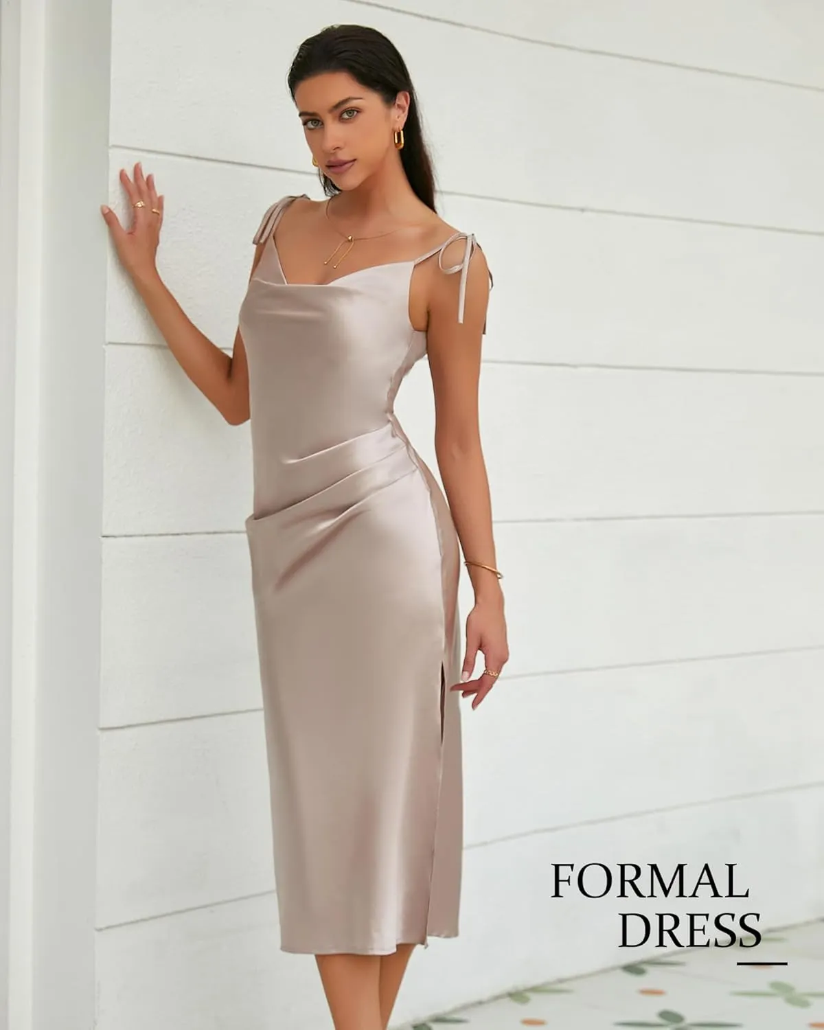 Women's Spaghetti Strap Midi Satin Slik Dress Cowl Neck Elegant Long Slip Ruched Evening Dress Party Cocktail