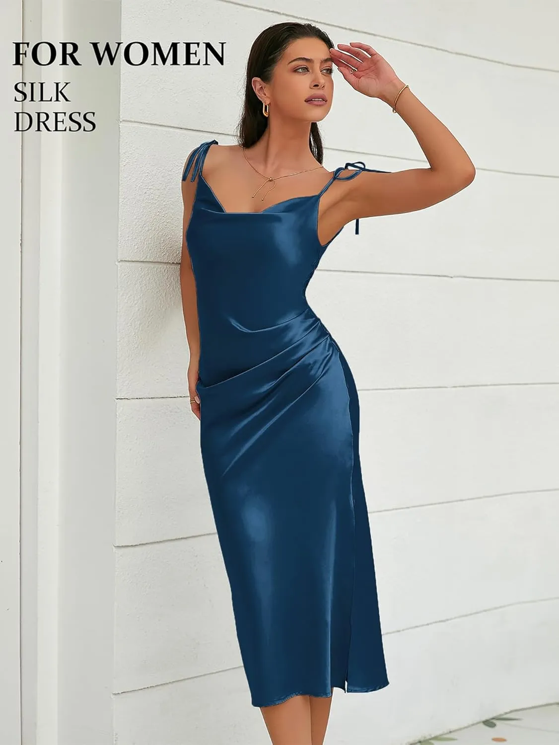 Women's Spaghetti Strap Midi Satin Slik Dress Cowl Neck Elegant Long Slip Ruched Evening Dress Party Cocktail