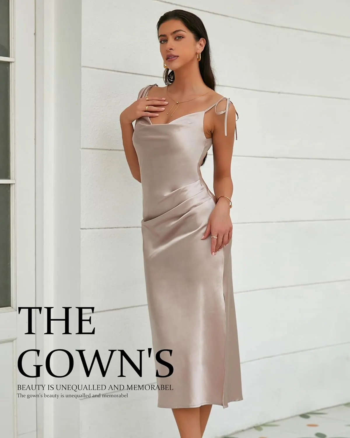 Women's Spaghetti Strap Midi Satin Slik Dress Cowl Neck Elegant Long Slip Ruched Evening Dress Party Cocktail