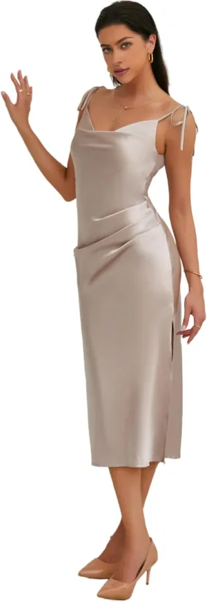 Women's Spaghetti Strap Midi Satin Slik Dress Cowl Neck Elegant Long Slip Ruched Evening Dress Party Cocktail