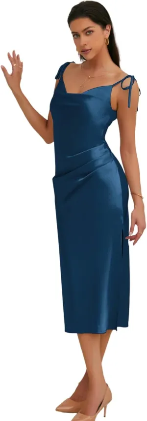 Women's Spaghetti Strap Midi Satin Slik Dress Cowl Neck Elegant Long Slip Ruched Evening Dress Party Cocktail