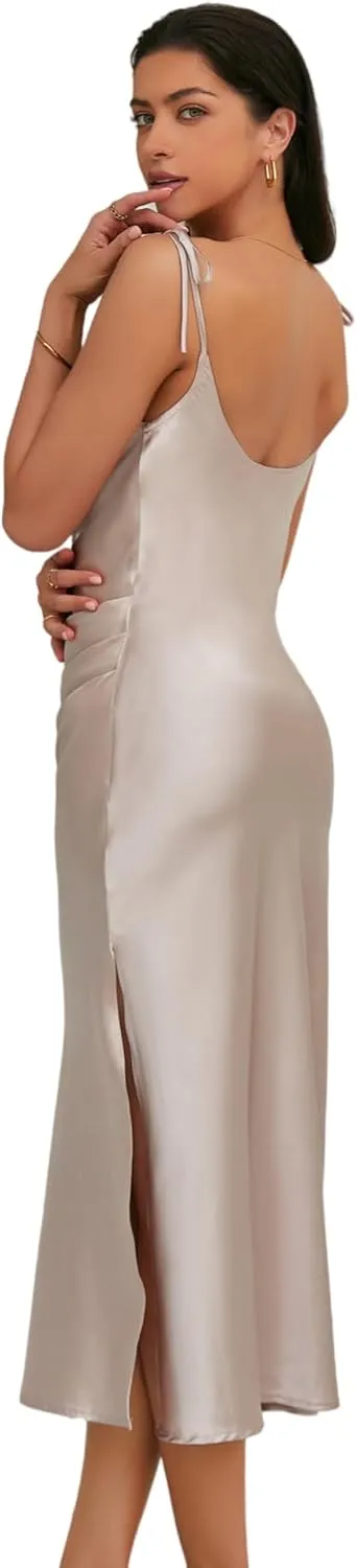 Women's Spaghetti Strap Midi Satin Slik Dress Cowl Neck Elegant Long Slip Ruched Evening Dress Party Cocktail