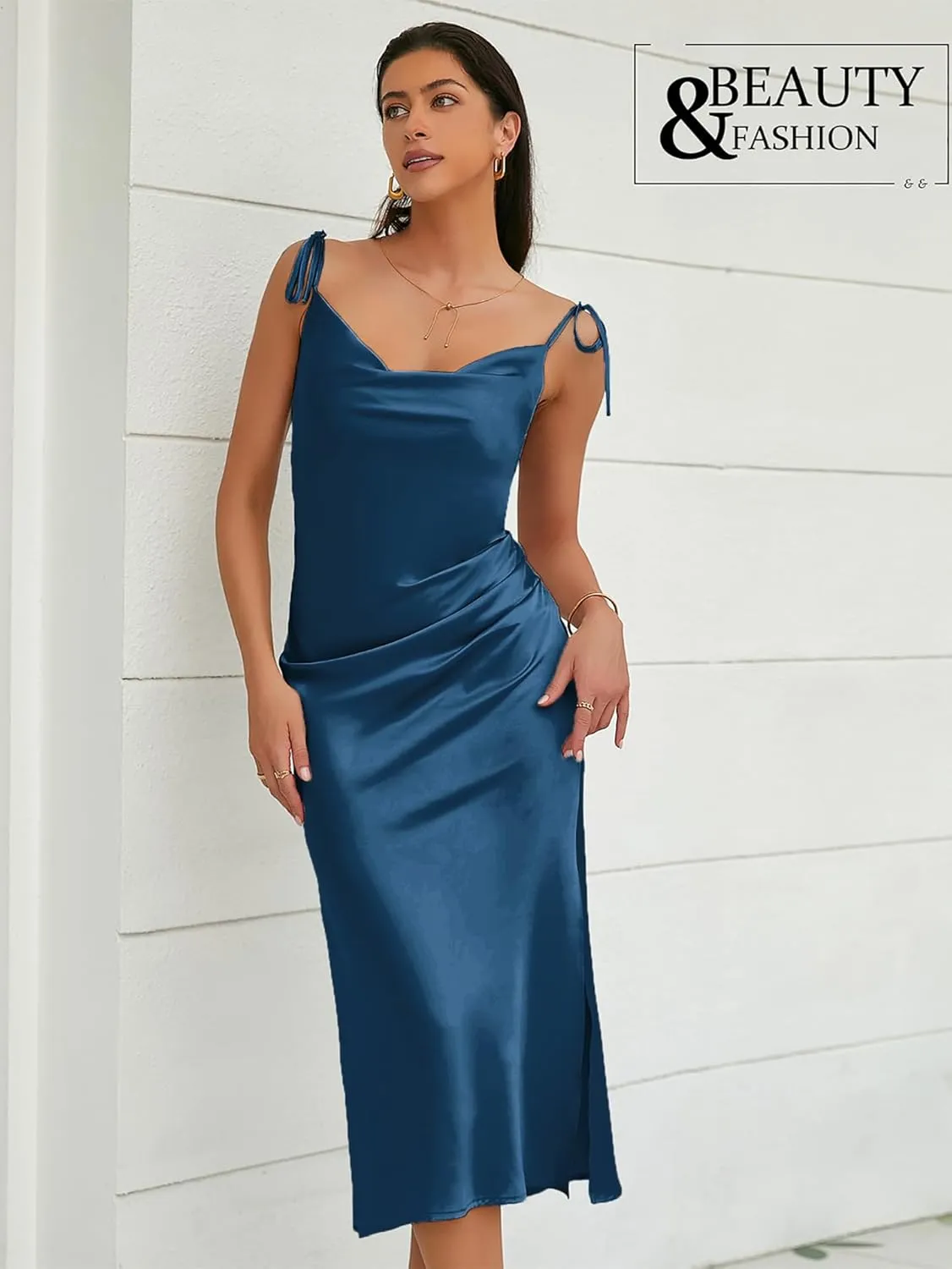Women's Spaghetti Strap Midi Satin Slik Dress Cowl Neck Elegant Long Slip Ruched Evening Dress Party Cocktail