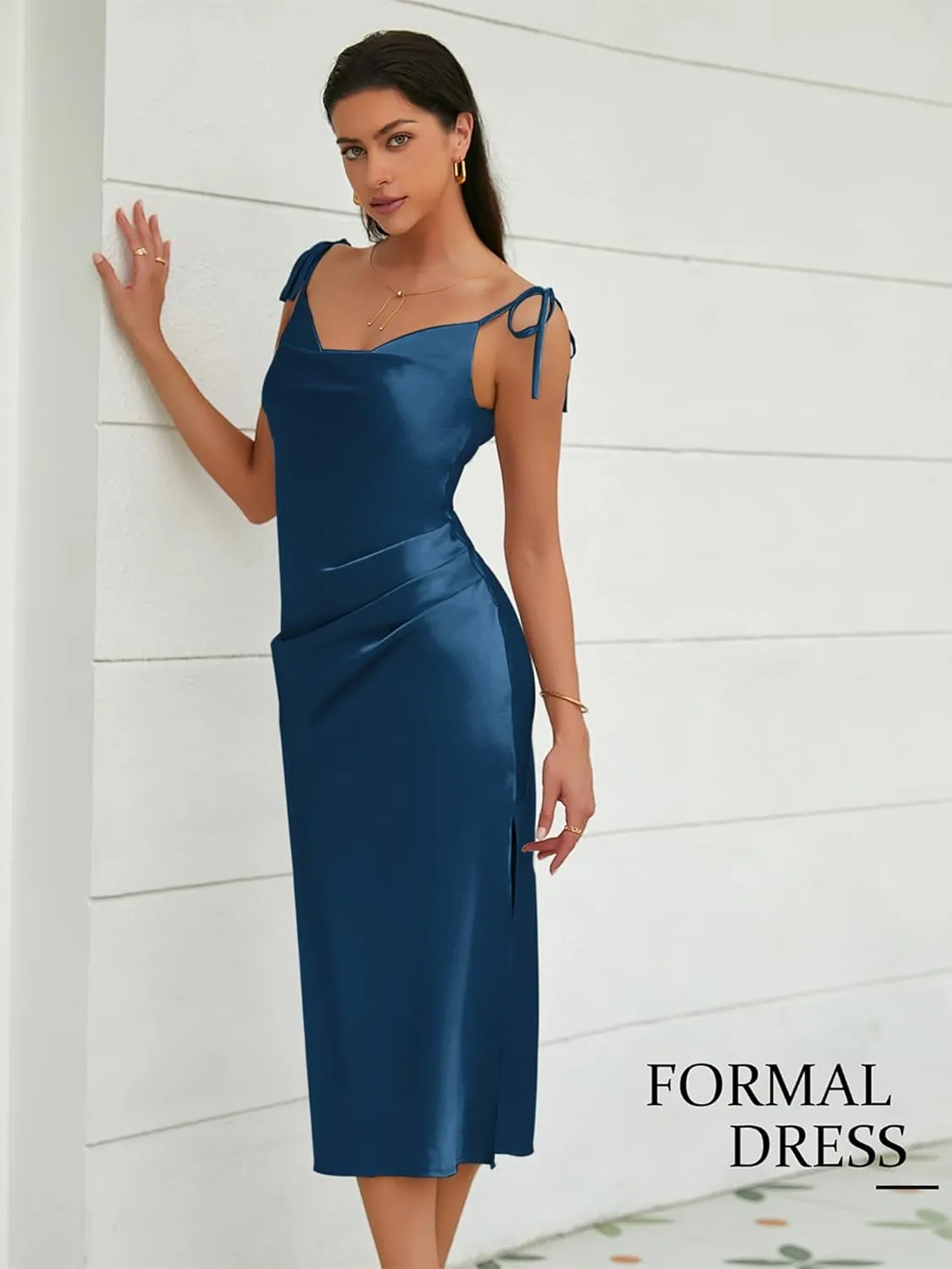 Women's Spaghetti Strap Midi Satin Slik Dress Cowl Neck Elegant Long Slip Ruched Evening Dress Party Cocktail
