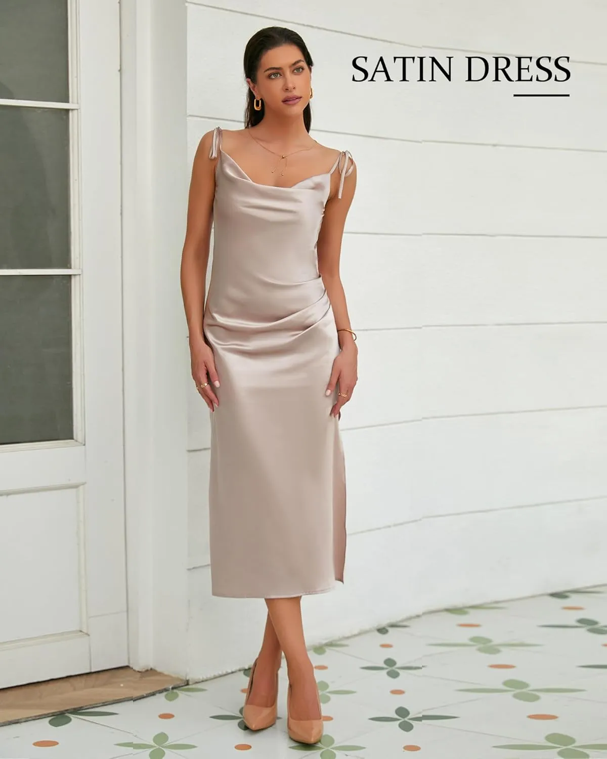 Women's Spaghetti Strap Midi Satin Slik Dress Cowl Neck Elegant Long Slip Ruched Evening Dress Party Cocktail
