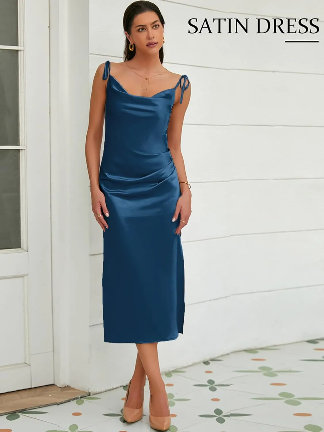 Women's Spaghetti Strap Midi Satin Slik Dress Cowl Neck Elegant Long Slip Ruched Evening Dress Party Cocktail
