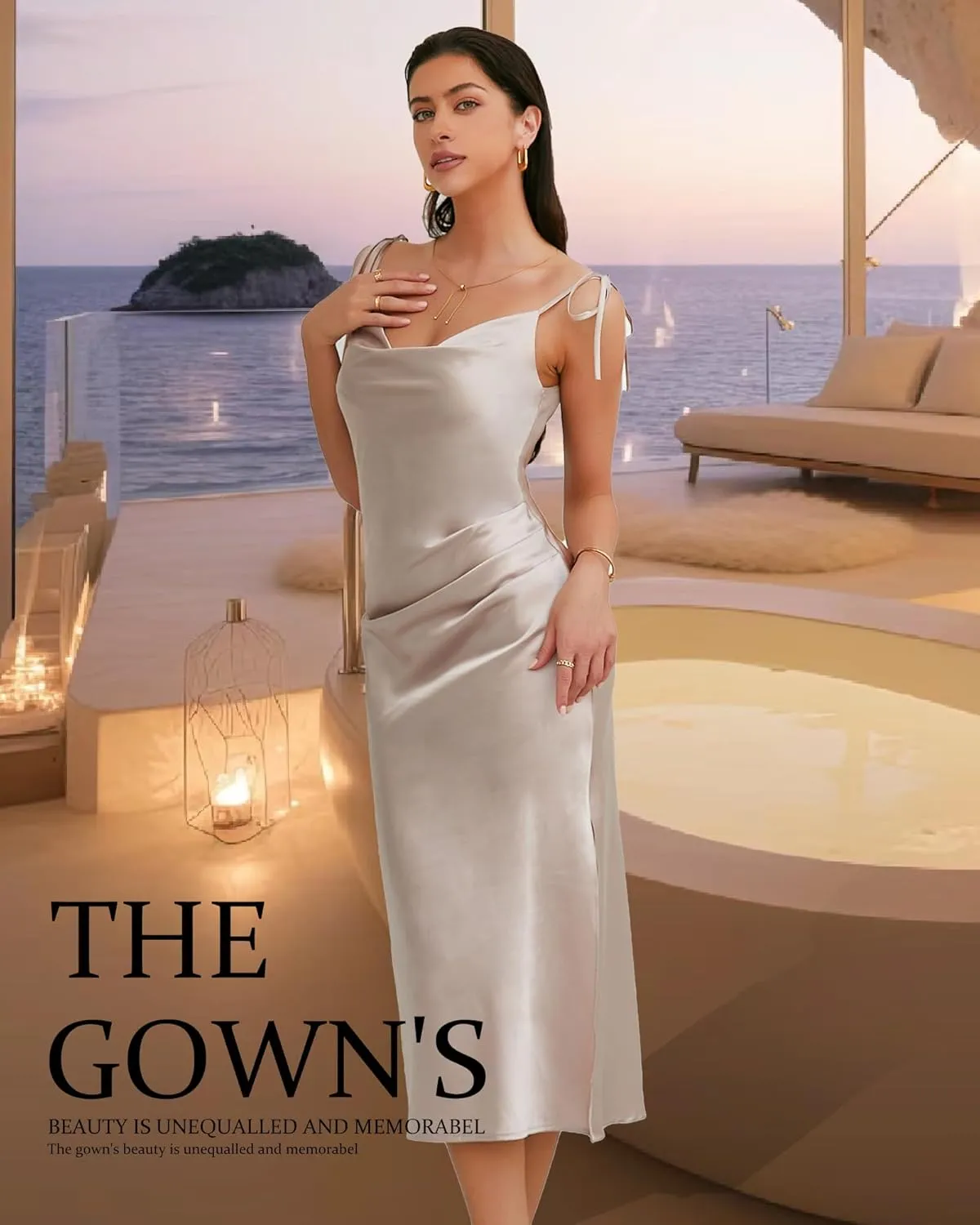 Women's Spaghetti Strap Midi Satin Slik Dress Cowl Neck Elegant Long Slip Ruched Evening Dress Party Cocktail