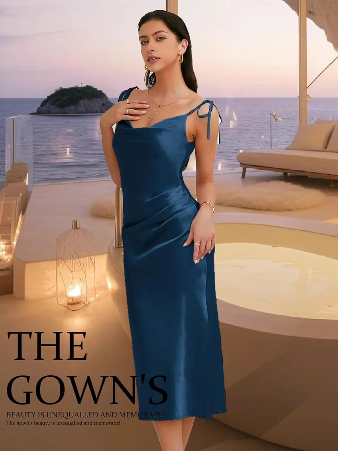 Women's Spaghetti Strap Midi Satin Slik Dress Cowl Neck Elegant Long Slip Ruched Evening Dress Party Cocktail